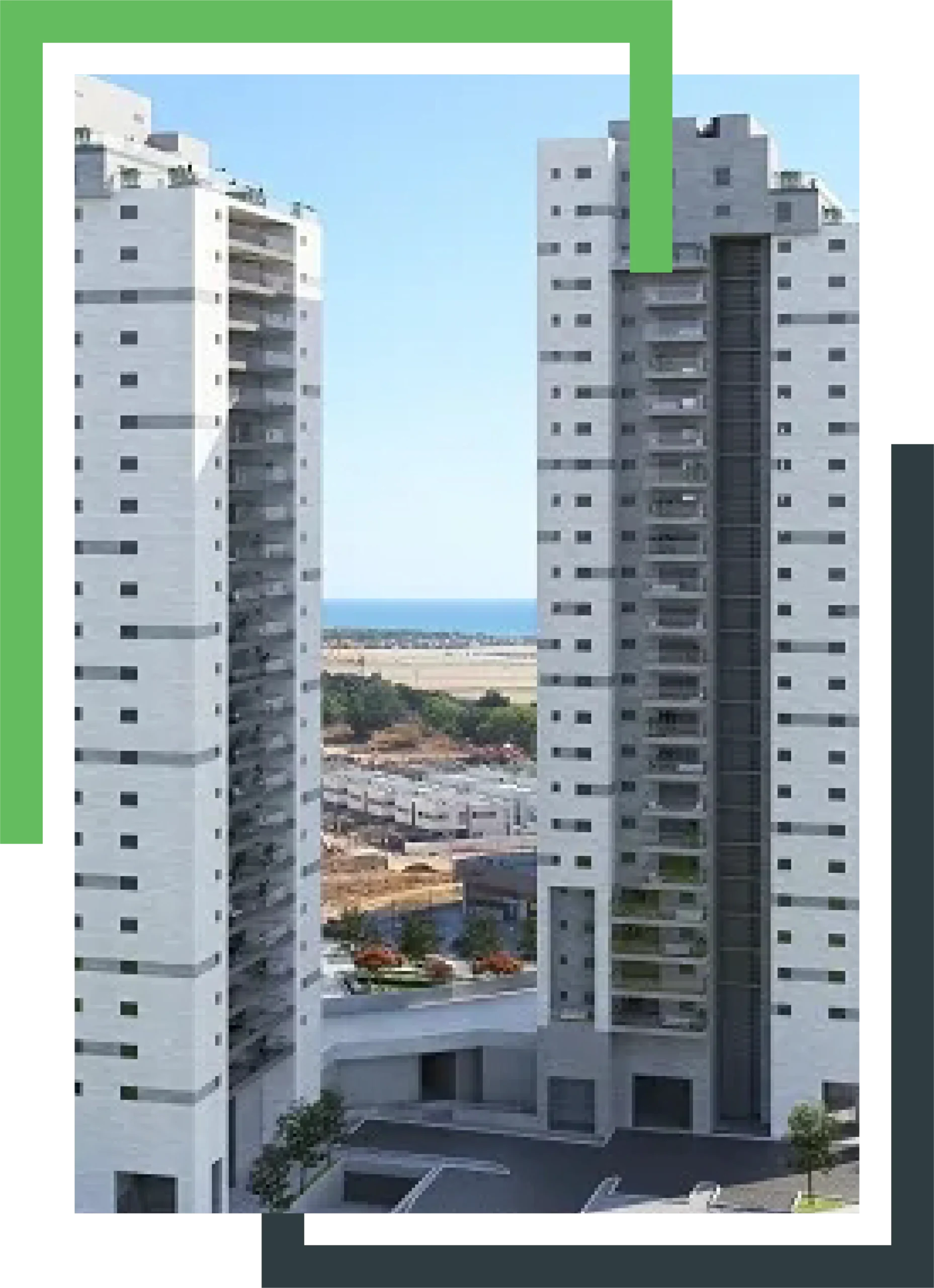 שני מגדלי מגורים מודרניים עם נוף לים ברקע, בעיצוב אורבני חדשני.